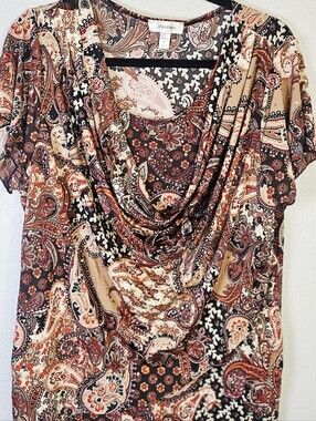 DressBarn 2X Paisley Cowl Neck Top Gold Metallic Dot Short Sleeve Blouse